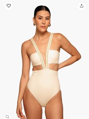 Cream Plunge One-Piece Swimsuit with Strappy V Detail